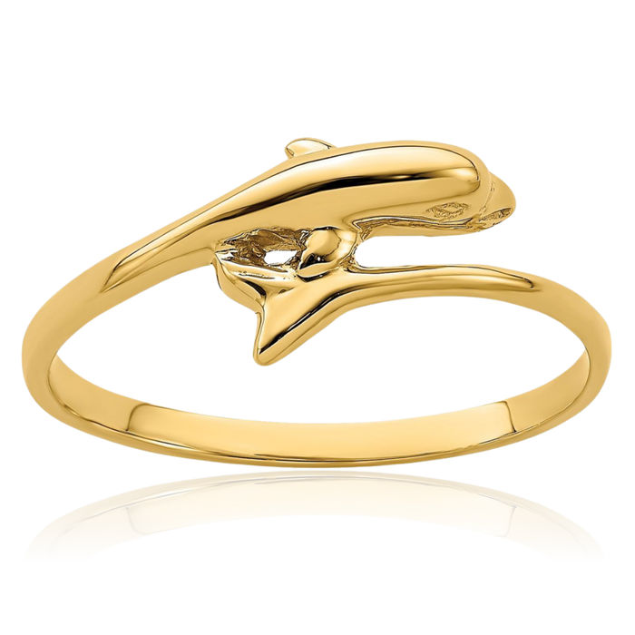 14K Solid Yellow Gold Single Sea Dolphin Ocean Fish Beach Nautical Ring