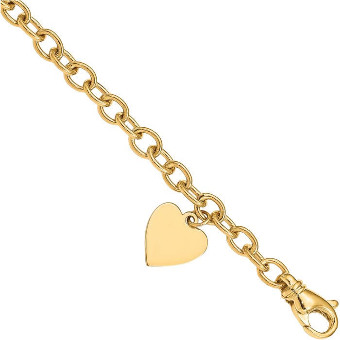 14K Solid Yellow Gold Single Link Chain Heart Charm Bracelet