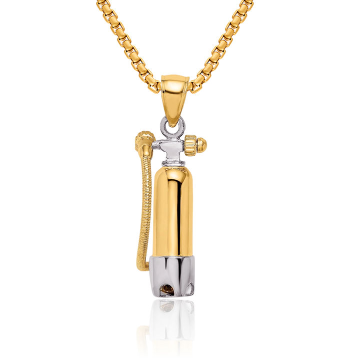 14K Solid Yellow Gold Single Scuba Tank Hose Necklace Chain Pendant Charm