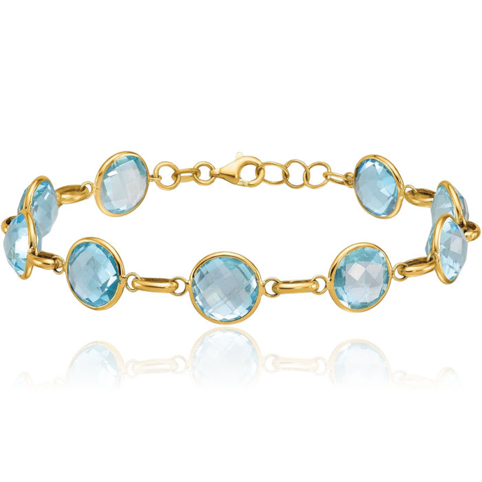 14K Solid Yellow Gold Sky Blue Topaz Circle Round Chain Gemstone Tennis Bracelet