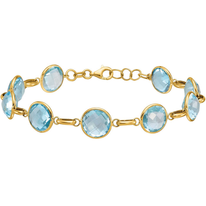 14K Solid Yellow Gold Sky Blue Topaz Circle Round Chain Gemstone Tennis Bracelet