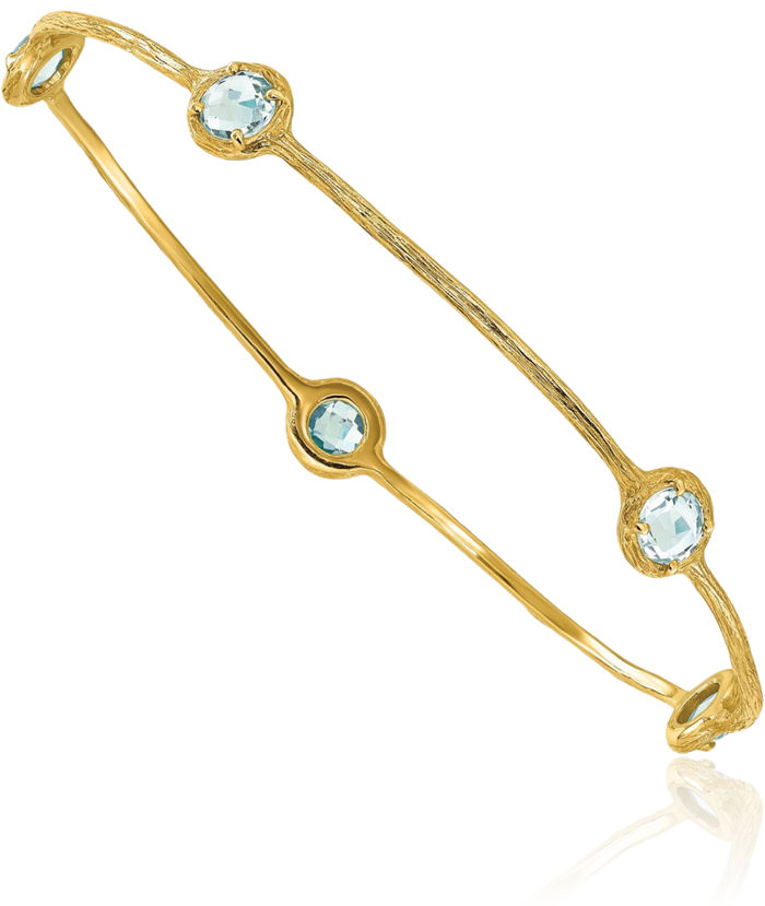 14K Solid Yellow Gold Sky Blue Topaz Slip On Gemstone Bangle Bracelet