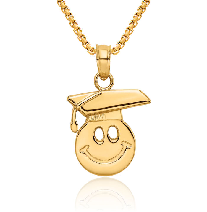 14K Solid Yellow Gold Smiley Face Graduation Cap Necklace Chain Pendant Charm