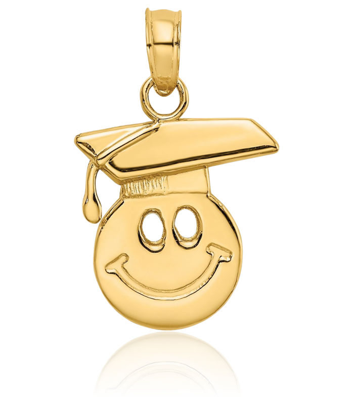 14K Solid Yellow Gold Smiley Face Graduation Cap Necklace Chain Pendant Charm