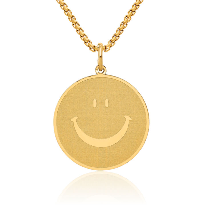 14K Solid Yellow Gold Smiley Face Necklace Chain Pendant Charm