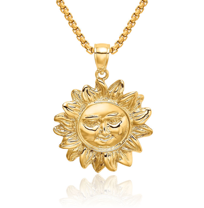 14K Solid Yellow Gold Smiling Sun Necklace Sunshine Pendant Sunburst Charm Celestial Jewelry