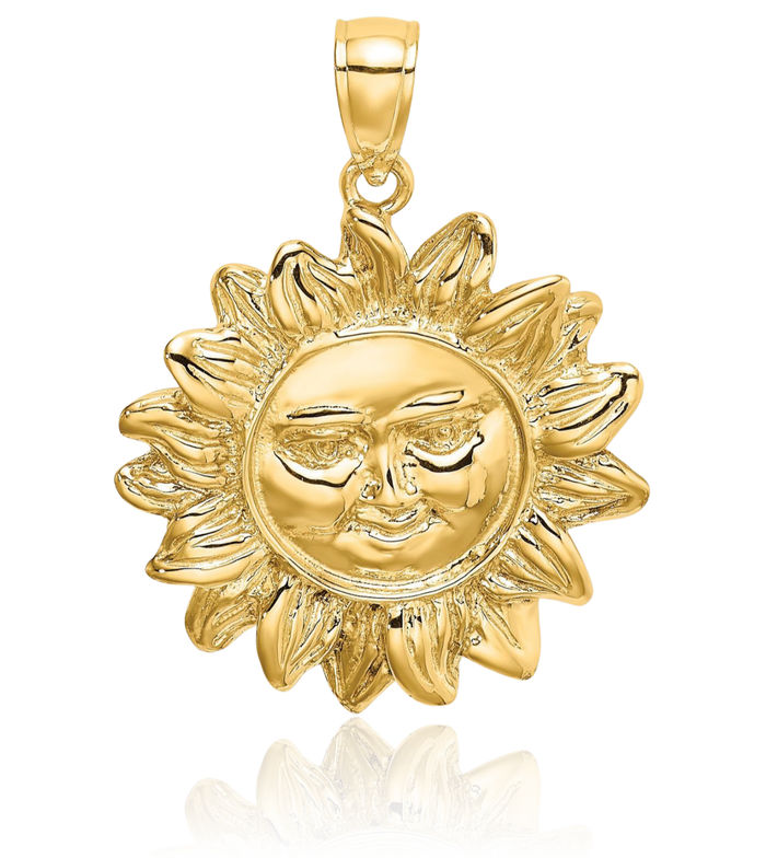 14K Solid Yellow Gold Smiling Sun Necklace Sunshine Pendant Sunburst Charm Celestial Jewelry