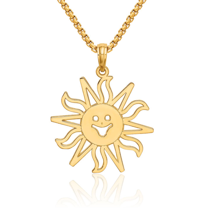 14K Solid Yellow Gold Smiling Sun Necklace Sunshine Pendant Sunburst Charm Celestial Jewelry