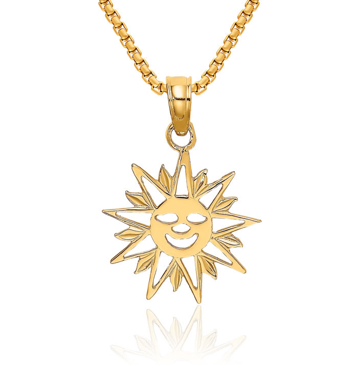 14K Solid Yellow Gold Smiling Sun Necklace Sunshine Pendant Sunburst Charm Celestial Jewelry