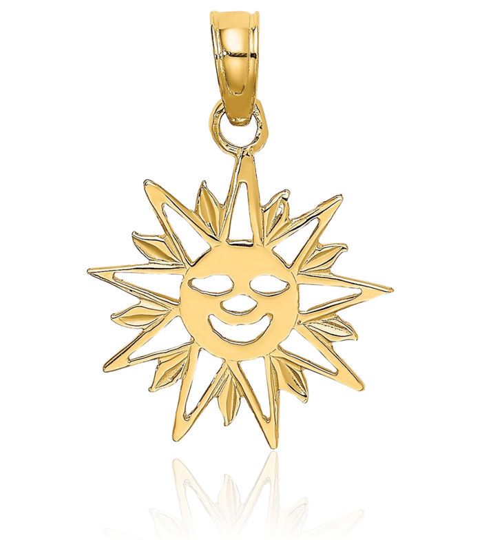 14K Solid Yellow Gold Smiling Sun Necklace Sunshine Pendant Sunburst Charm Celestial Jewelry