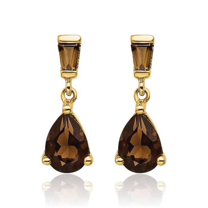 14K Solid Yellow Gold Brown Smoky Quartz Drop Dangle Earrings June Birthstone Jewelry