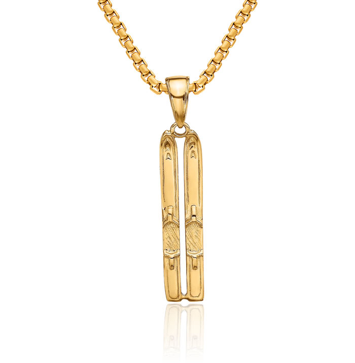 14K Solid Yellow Gold Snow Skis Necklace Skiing Snowboarding Charm Sports Pendant