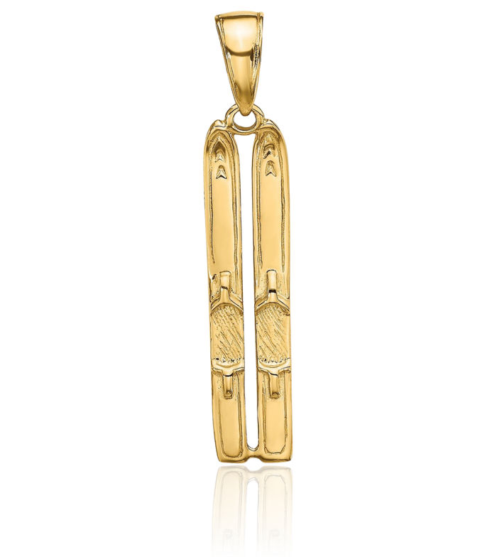 14K Solid Yellow Gold Snow Skis Necklace Skiing Snowboarding Charm Sports Pendant