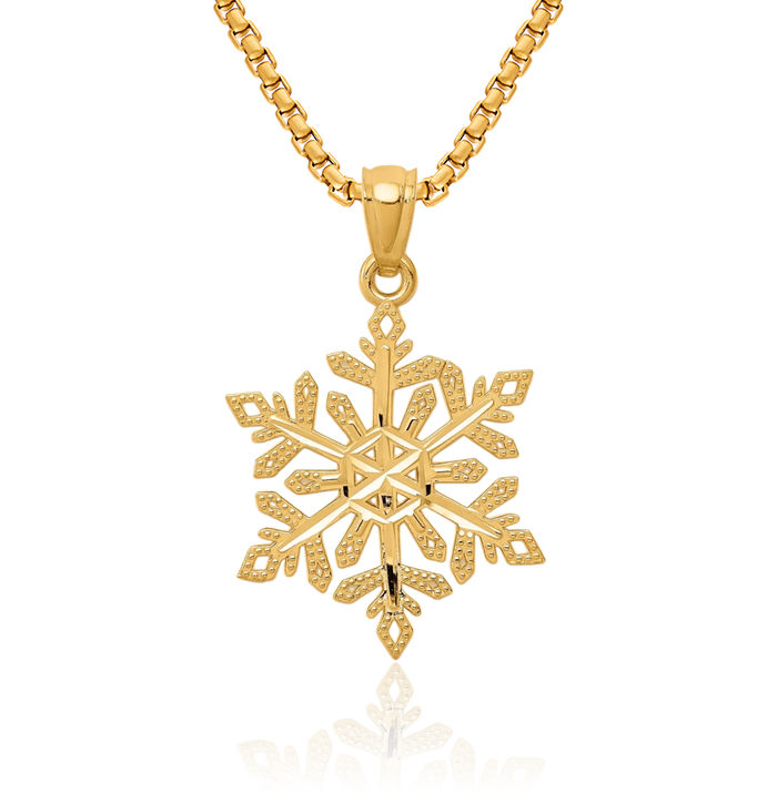 14K Solid Yellow Gold Snowflake Necklace Chain Pendant Charm