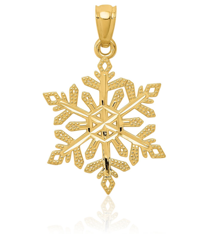 14K Solid Yellow Gold Snowflake Necklace Chain Pendant Charm