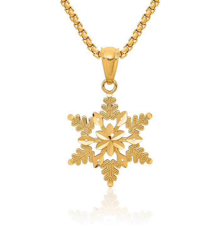 14K Solid Yellow Gold Snowflake Necklace Chain Pendant Charm