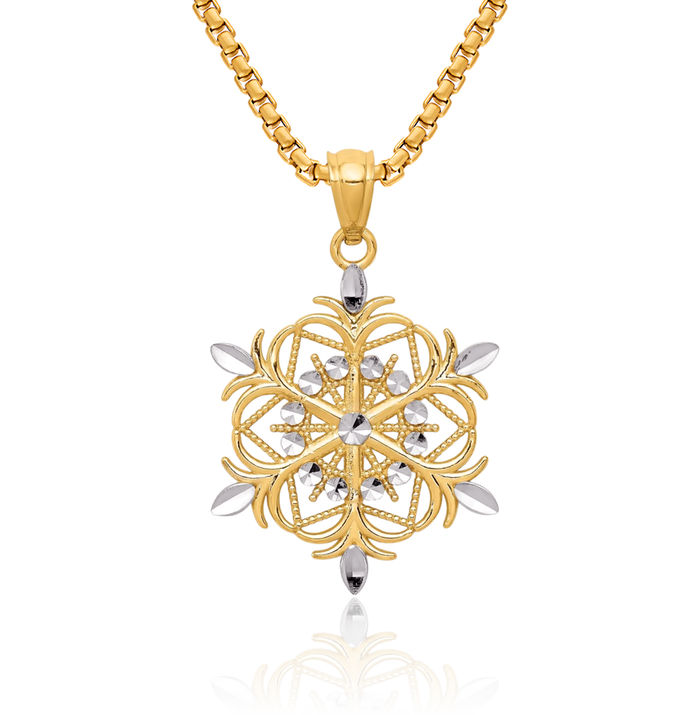 14K Solid Yellow Gold Snowflake Necklace Chain Pendant Charm