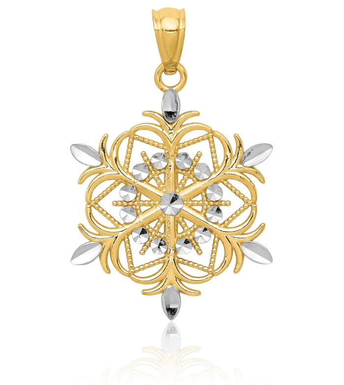 14K Solid Yellow Gold Snowflake Necklace Chain Pendant Charm
