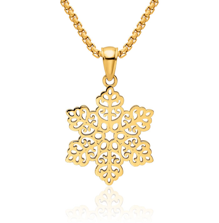 14K Solid Yellow Gold Snowflake Necklace Chain Pendant Charm