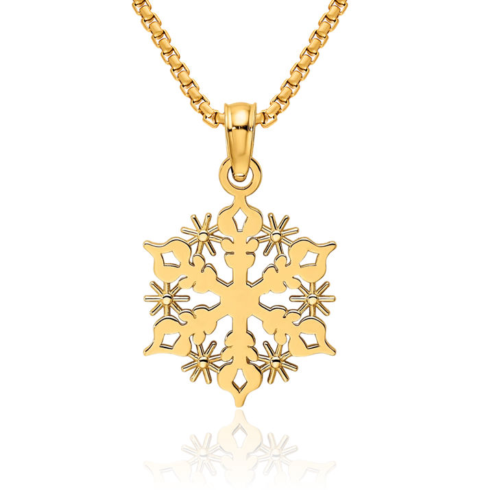 14K Solid Yellow Gold Snowflake Necklace Chain Pendant Charm