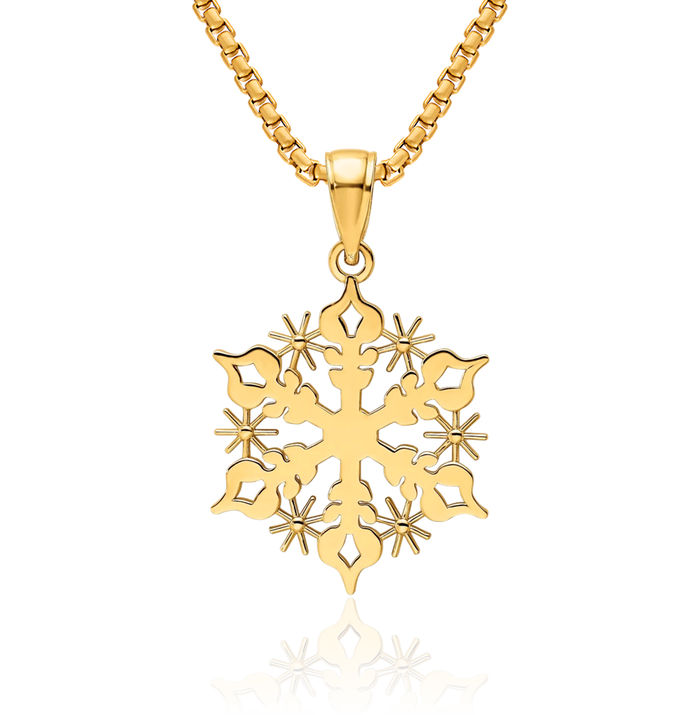 14K Solid Yellow Gold Snowflake Necklace Chain Pendant Charm