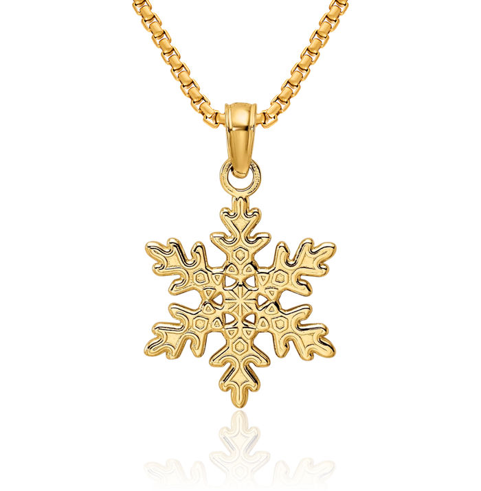 14K Solid Yellow Gold Snowflake Necklace Chain Pendant Charm