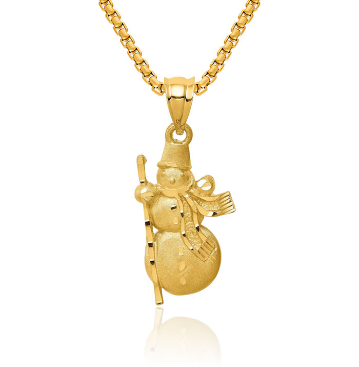 14K Solid Yellow Gold Snowman Necklace Chain Pendant Charm