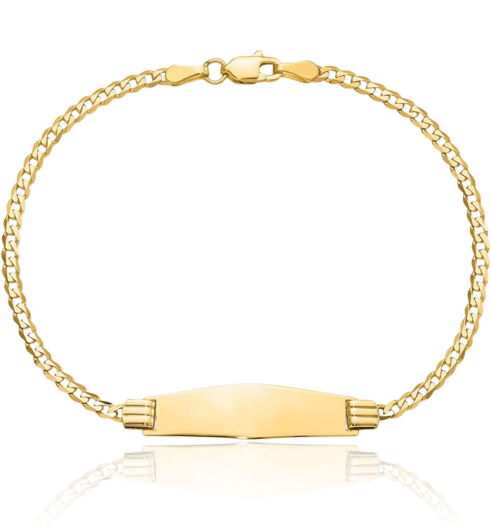 14K Solid Yellow Gold Soft Curb Link Name Bar Identification ID Bracelet