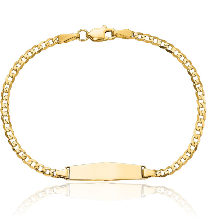 14K Solid Yellow Gold Soft Curb Link Name Bar Identification ID Bracelet