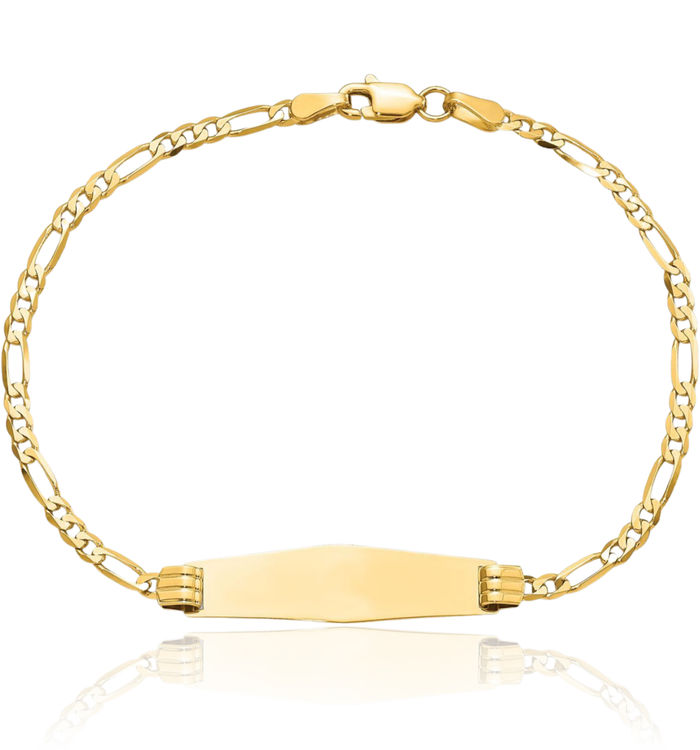 14K Solid Yellow Gold Soft Figaro Link Name Bar Identification ID Bracelet