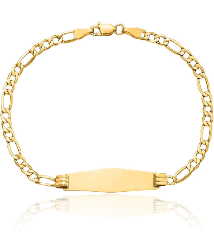 14K Solid Yellow Gold Soft Figaro Link Name Bar Identification ID Bracelet