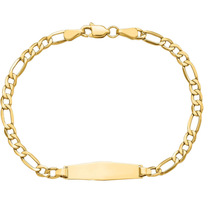 14K Solid Yellow Gold Soft Figaro Link Name Bar Identification ID Bracelet