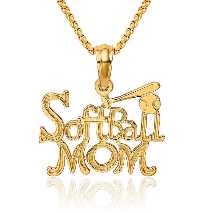 14K Solid Yellow Gold Softball Mom Bat Ball Necklace Mama Baseball Charm Mother Sports Pendant