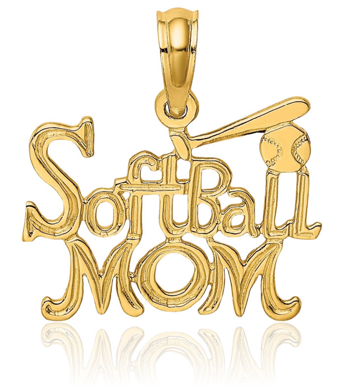 14K Solid Yellow Gold Softball Mom Bat Ball Necklace Mama Baseball Charm Mother Sports Pendant