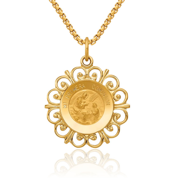 14K Solid Yellow Gold Spanish 1st First Holy Communion Medal Necklace Chain Pendant Charm