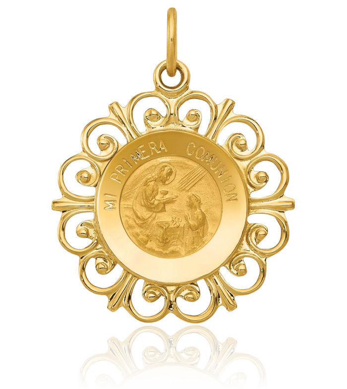 14K Solid Yellow Gold Spanish 1st First Holy Communion Medal Necklace Chain Pendant Charm