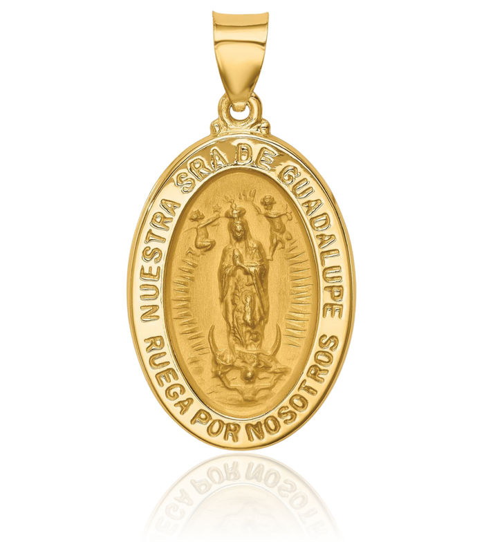 14K Solid Yellow Gold Spanish Our Lady of Guadalupe Virgin Mary Medal Necklace Virgencita Maria Rosa Pendant Catholic Christian Holy Mother Medallion Charm