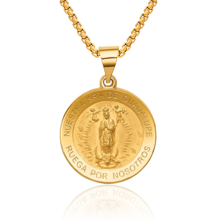 14K Solid Yellow Gold Spanish Our Lady of Guadalupe Virgin Mary Medal Necklace Virgencita Maria Rosa Pendant Catholic Christian Holy Mother Medallion Charm