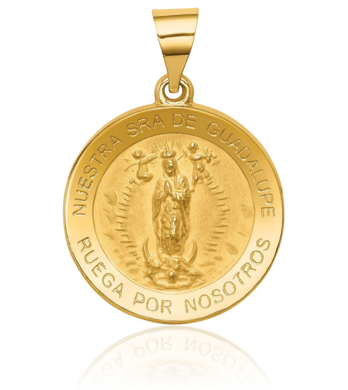 14K Solid Yellow Gold Spanish Our Lady of Guadalupe Virgin Mary Medal Necklace Virgencita Maria Rosa Pendant Catholic Christian Holy Mother Medallion Charm