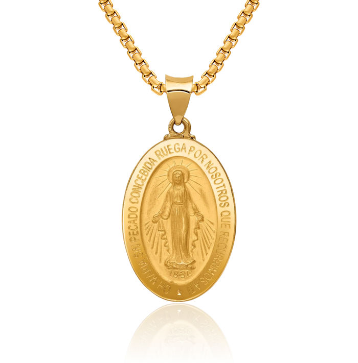 14K Solid Yellow Gold Spanish Our Lady of Miraculous Medal Blessed Virgin Mary Necklace Chain Pendant Charm