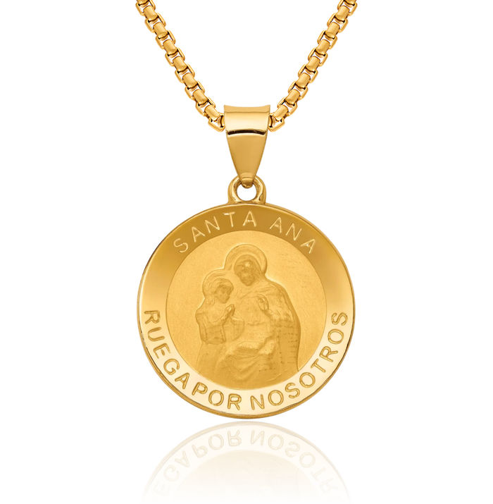 14K Solid Yellow Gold Spanish Saint Anne Medal Necklace Chain Pendant Charm