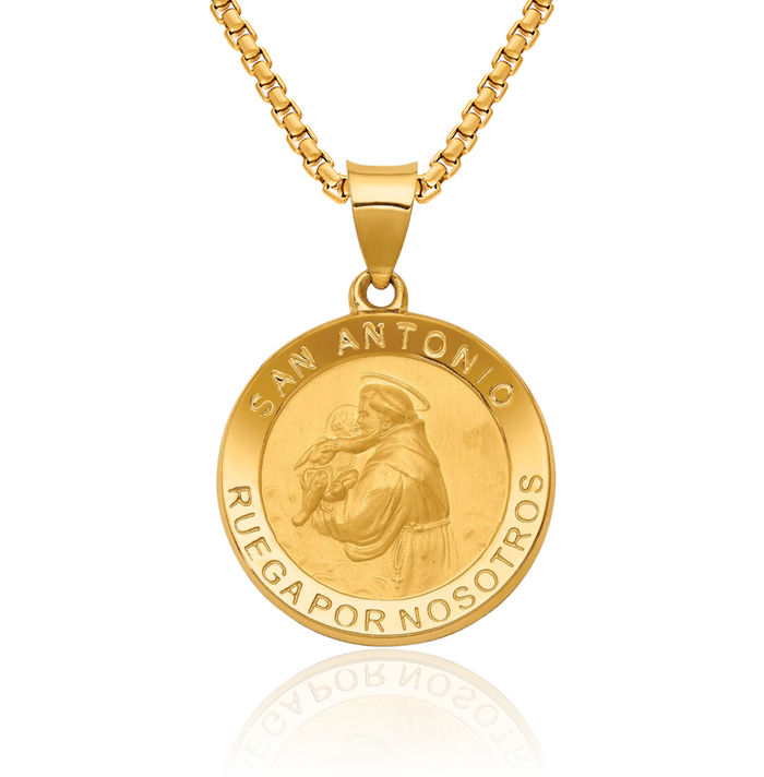 14K Solid Yellow Gold Spanish Saint Anthony Medal Necklace Chain Pendant Charm