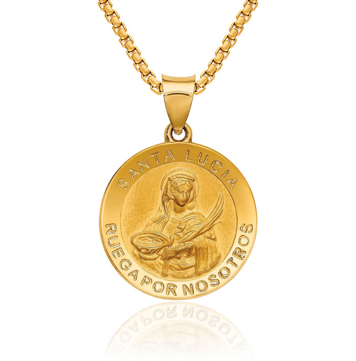 14K Solid Yellow Gold Spanish Saint Lucy Medal Necklace Chain Pendant Charm