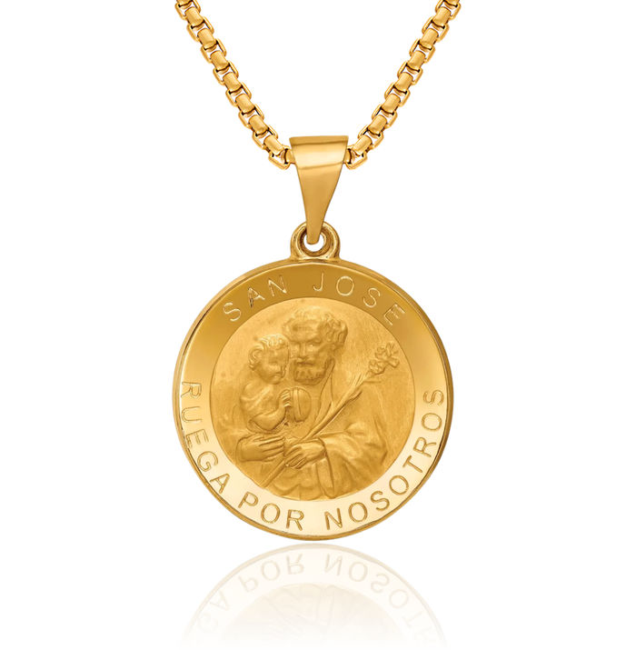 14K Solid Yellow Gold Spanish San Jose Medal Necklace Chain Pendant Charm