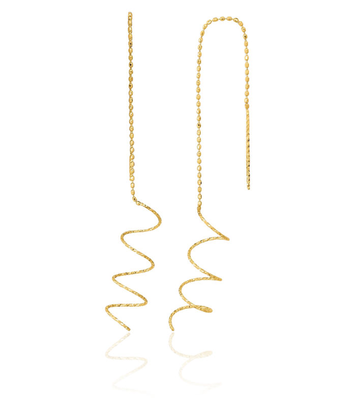 14K Solid Yellow Gold Spiral Threader Drop Dangle Earrings