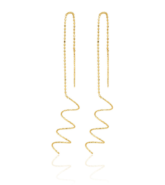 14K Solid Yellow Gold Spiral Threader Drop Dangle Earrings