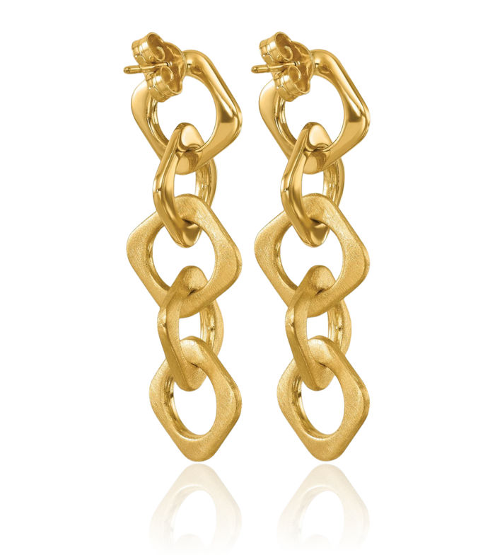 14K Solid Yellow Gold Square Chain Link Post Drop Dangle Earrings