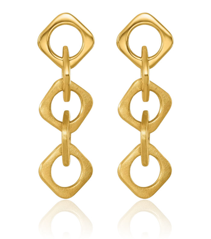 14K Solid Yellow Gold Square Chain Link Post Drop Dangle Earrings