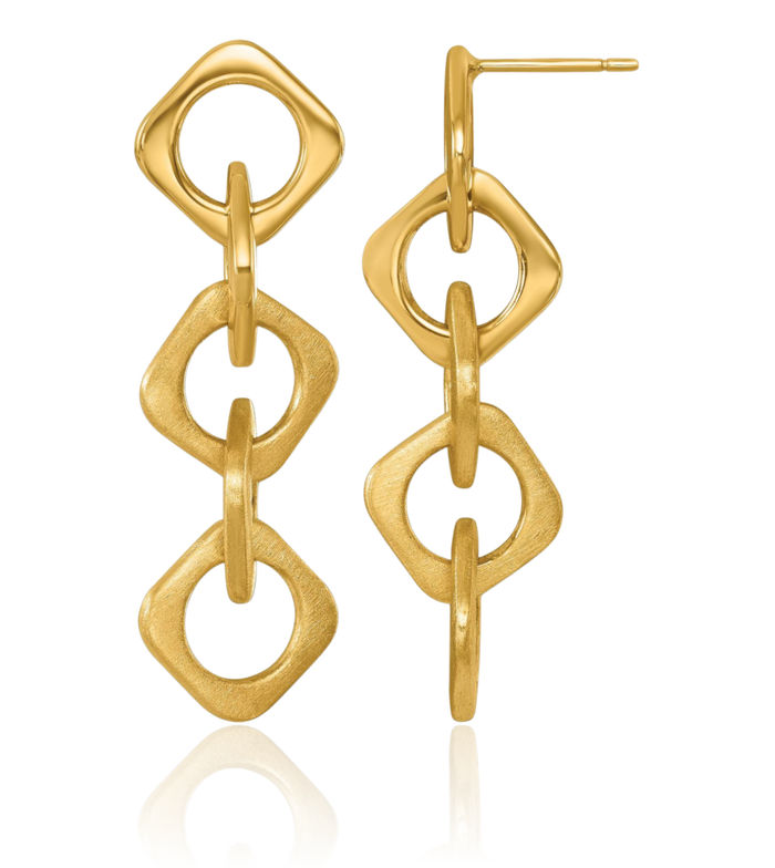 14K Solid Yellow Gold Square Chain Link Post Drop Dangle Earrings