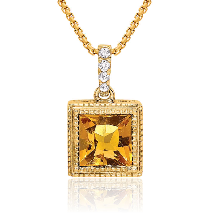 14K Solid Yellow Gold Square Orange Citrine Diamond Necklace Charm Gemstone Pendant